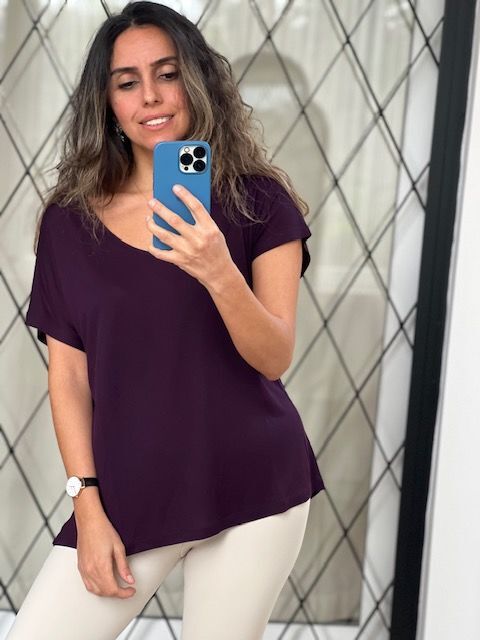 V Yaka Mürdüm Renk Sinu Tshirt S-M
